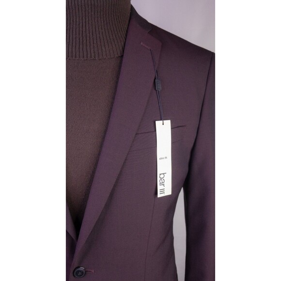BAR III Blazer Burgundy Sz 40L Sport Coat Slim-Fit Solid Two Button Wool Blnd - Picture 4 of 14
